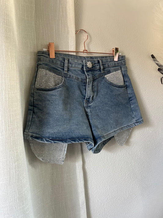 Grace Rhinestone Pocket Mis Rise Denim Shorts- Medium Wash