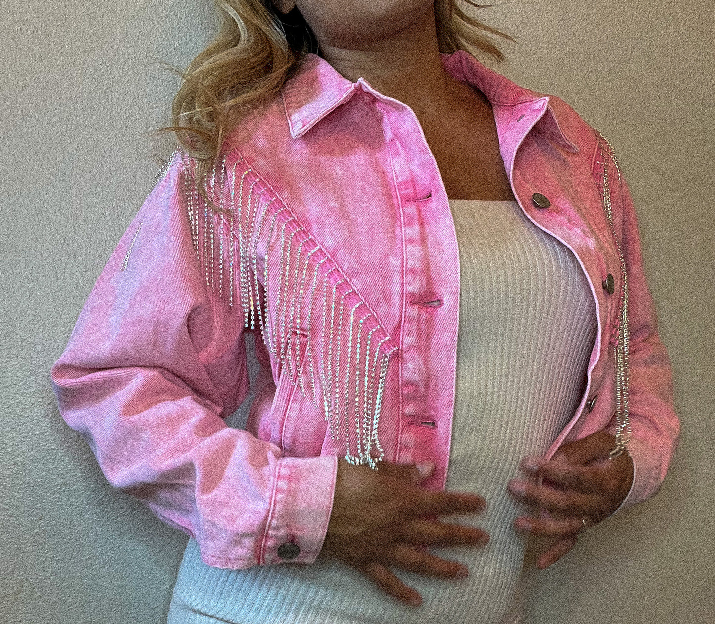 Sadie Pink Denim Fringe Jacket